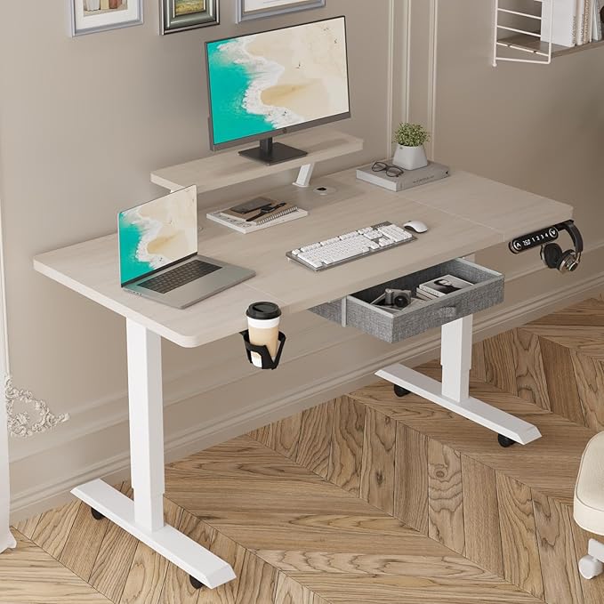 Height Adjustable Electric Standing Desk with One Drawer Table with Storage Shelf Sit &amp Stand Home Office Desk with Storage Space (Oak 55x30)