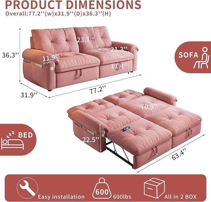 78'' Convertible Sofa Bed 2-in-1 Velvet Sleeper Sofa for Small Spaces Modern Loveseat &amp Guest Bed Apartment &amp Dorm Furniture Pink
