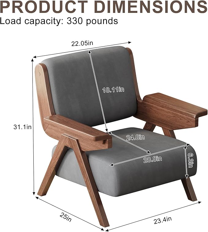 Mid Century Modern Accent Chair Fabric Upholstered Lounge Arm Chair with Solid Wood Frame for Living Room Bedroom Office Reading Corner (Gray Single Chair)