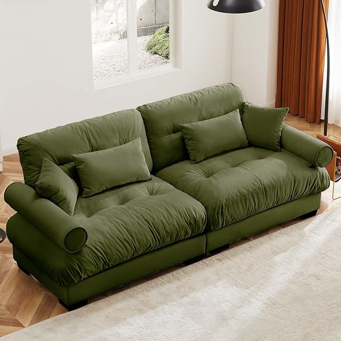 Velvet Loveseat Sofa93.7 W Oversized Fluffy Tufted 2-Seat Cloud Couch with 25.6 Seat DepthComfy Modern Deep Seat Sofa with Bolster Armrest PillowsGreen