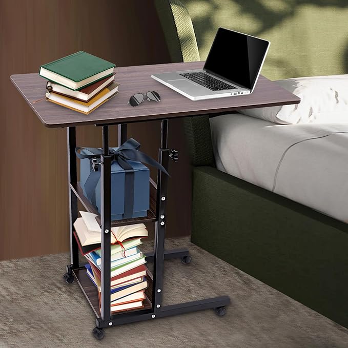 Portable Movable Computer Desk Height Adjustable Indoor C-Shaped Side Table Multifunctional Nightstand with 4 Universal Wheels and Storage Shelves for Living Room Bedroom Office Writing Desk