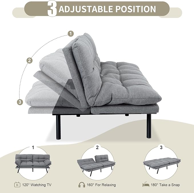 MUUEGM 71 Futon Couch Filled with Memory Foam Convertible Futon Sofa Bed with Adjustable Backrest Armrest Folding Futon for Living Room Small Space Loveseat for Sleeper(Fabric Light Gray)