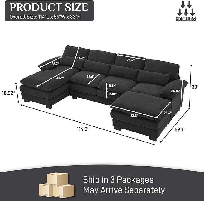 OUYESSIR 114 U Shape Sectional Cloud Couch with OttomanFluffy Sectional Couches for Living Room4 Seater Modular Sectionals SofaComfy Cloud Sofas &amp Couches with 4 PillowsDark Grey