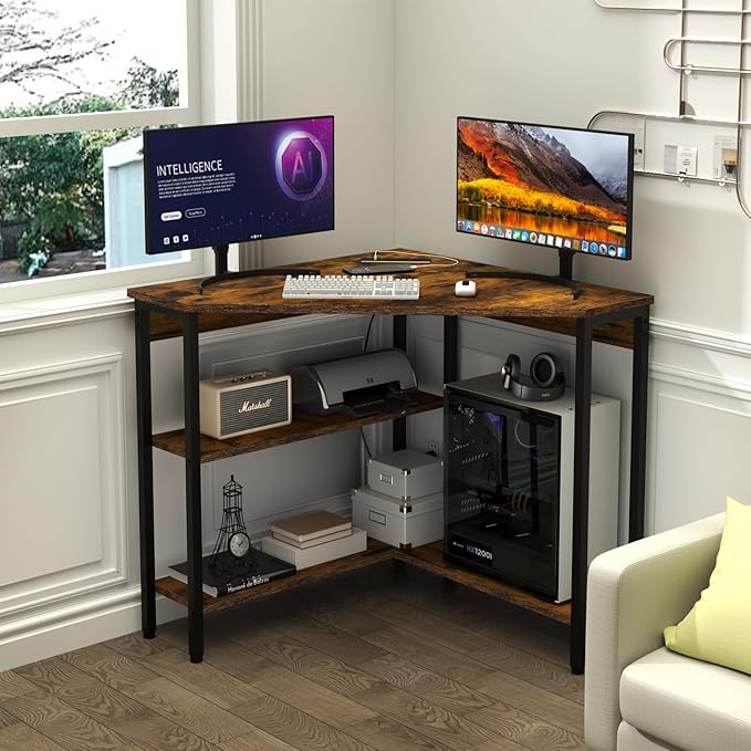 Auromie Corner Desk with Outlets &amp USB Ports 90 Degree Triangle Corner Table with CPU Stand &amp Storage Shelves for Small Space Computer Table with Charging Station for Home Office Bedroom (Ru