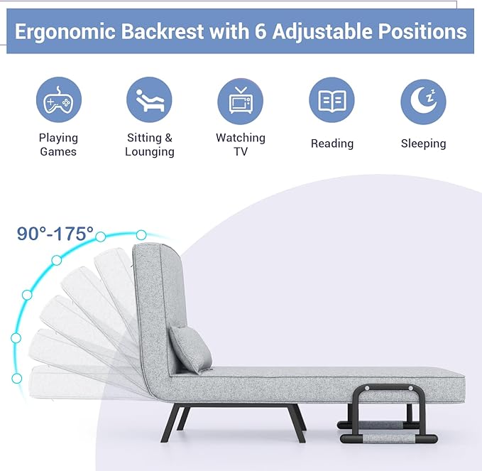 POWERSTONE Convertible Sleeper Chair Bed 4 in 1 Living Room Reading Chair with Pillow Wide Cushion Arm and Adjustable 5 Position Backrest Single Sofa Bed Light Grey