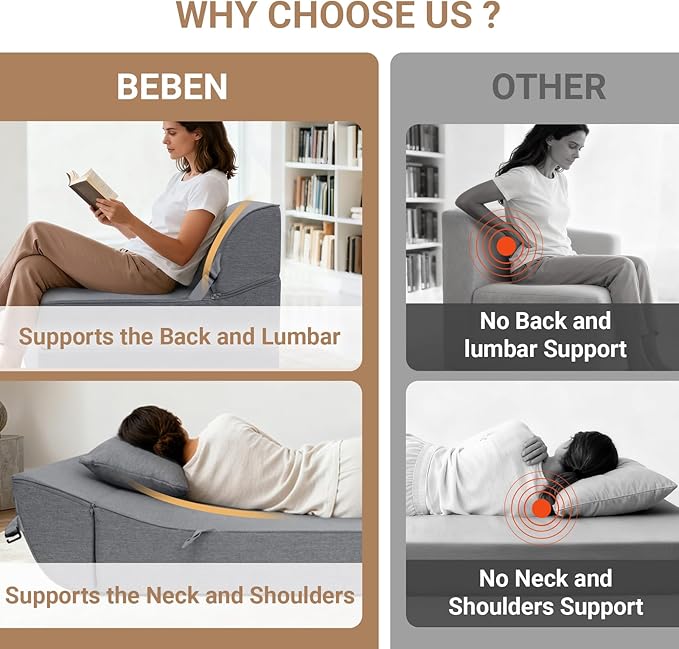 BeBen Folding Sofa Bed Chair Convertible Sleeper Chair Futon Couch Foldable Boneless Floor Lounger Sofa Twin Foam Chair Bed for Small Spaces Dorm Guest Room Living Room Apartment Grey