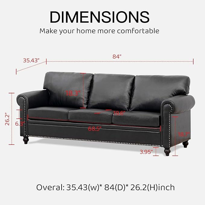 84'' Black Faux Leather 3-Seater Office Couch with Rivet Rolled Arms Modern Mid-Century Sofa for Living Room Apartment and Office. Easy Assembly (Black PU One Sofa)