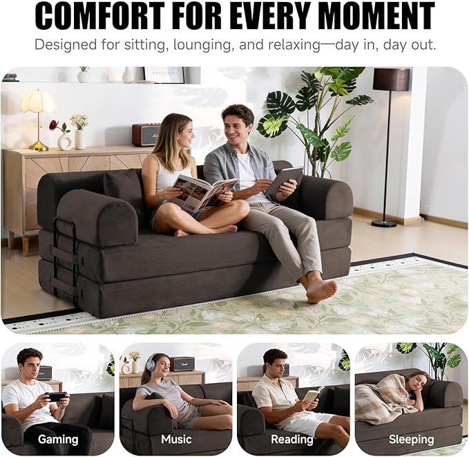 78.8 Boneless Memory Foam Couch Corduroy Convertible Floor Sofa Bed Fold-Out Sleeper Futon Loveseat Wide Armrests &amp Supportive Back 1200 lb Couch in a Box 2 Pillows Brown