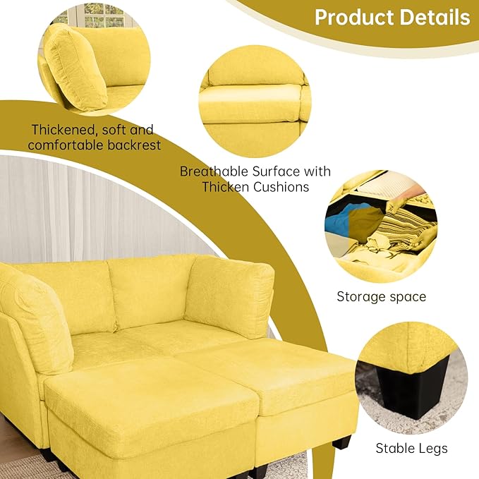 Modern Sofa Modular sectional Cloud Couch with 2 Ottomans 6-seat Chenille deep-seat with Storage and 6 Pillows for Living Rooms bedrooms and Apartments (Yellow 2Seater+2Ottoman)