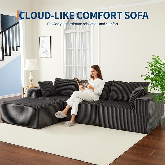 108'' Modular Sectional Sofa Corduroy Sponge Compression Sofa with Deep Seat Comfy Memory Foam Sofa for Living Room Bedroom No Assembly Required Grey