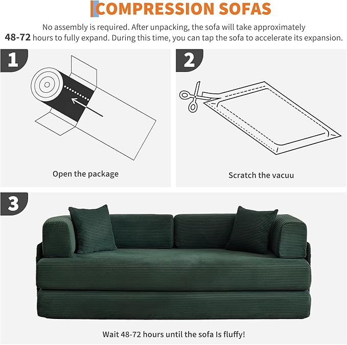 Convertible Sleeper Sofa Bed 78.8 Floor Sofa Bed 5-in-1 Folding Mattress Couch Loveseat with Fixed-Shape Frame Pillow Corduroy Fabric for Living Room Bedroom Lounge Dark Green