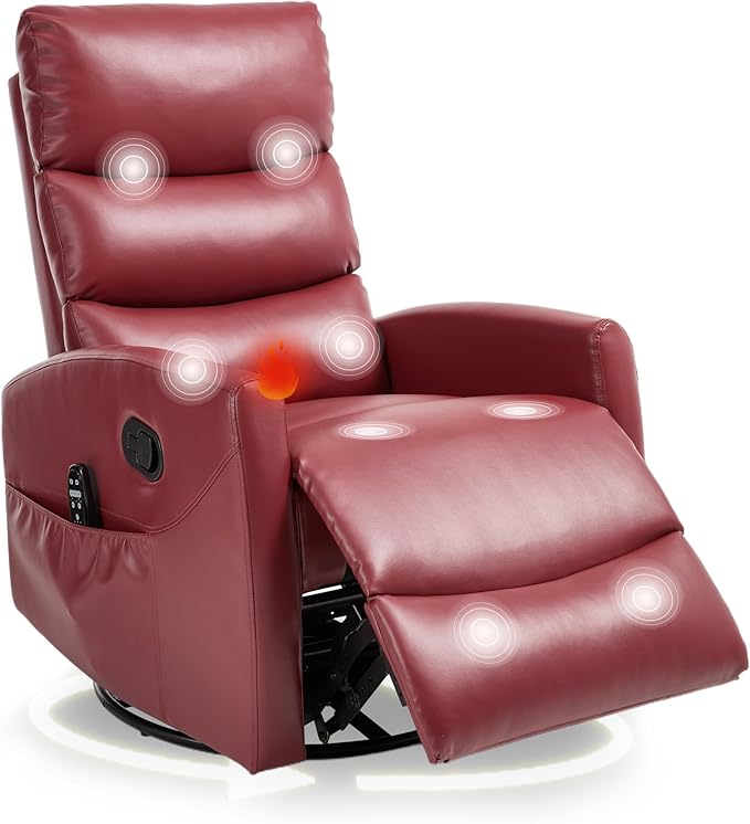 cinkehome Small Swivel Rocker Recliner Chair with Heated Massage Upholstered Nursery Glider Recliner Chair High Back Side Pocket (Red PU Leather)