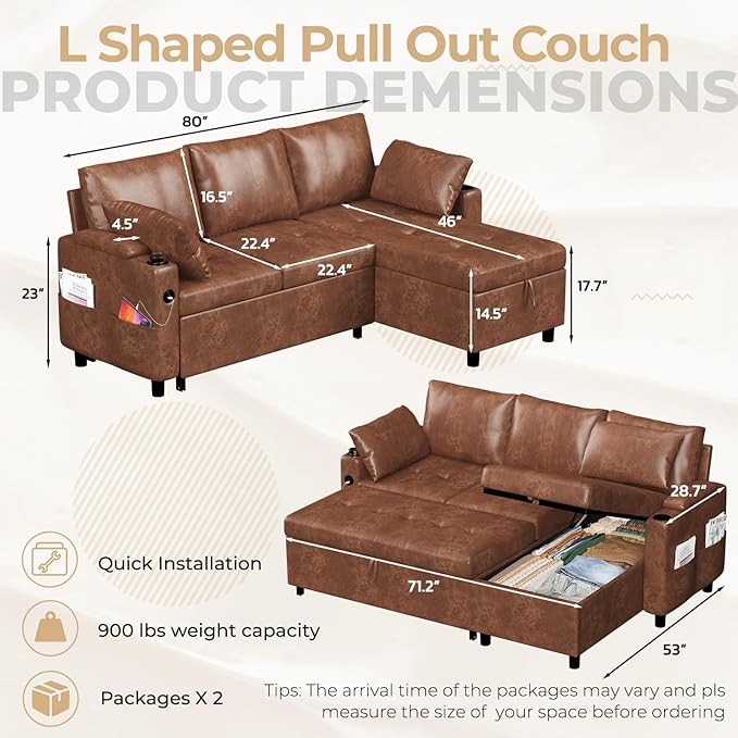Leather Sleeper Sofa Couch with Pullout Bed 80'' Sofa Bed Pull Out Couch with Reversible Storage Chaise Sectional Couches with USB Charging Ports&ampCup Holders for Living Room Brown