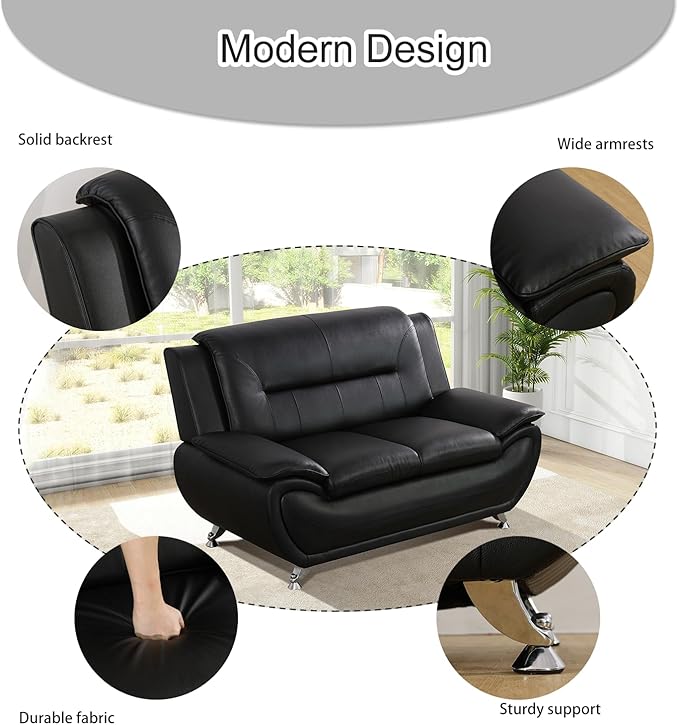 Leather Loveseat Sofa60 Love Seat Couch for Living RoomModern Leather Couch with Metal LegsSmall Love seat Sofa for ApartmentBedroomOfficeDormLounge(Black)