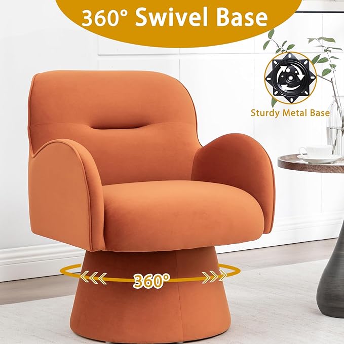 Swivel Chair with Armrest Modern Velvet Barrel Chairs with Curve Back Soft Cushion Comfy Accent Round Armchair Single Sofa for Living Room Bedroom Orange