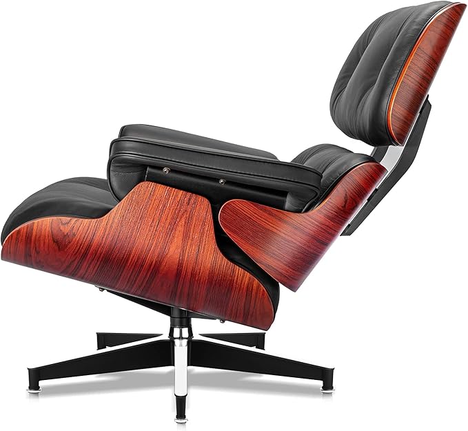 Top Black Grain Leather Mid Century Chaise Lounge Chair and Ottoman Modern Chair Classic Design Red Rosewood Heavy Duty Base Support for Living Room Office