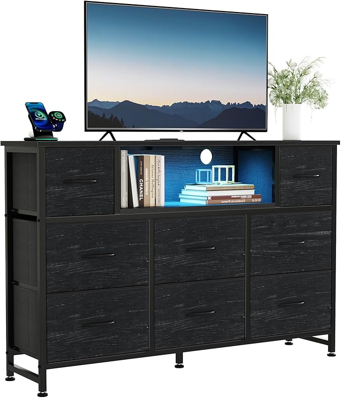 DUMOS TV Stand Dresser with 8 Fabric Drawers and Open Shelves LED Entertainment Center with Charging Station Wood Top Media Console for 45-55 inch Bedroom Woodgrain Black