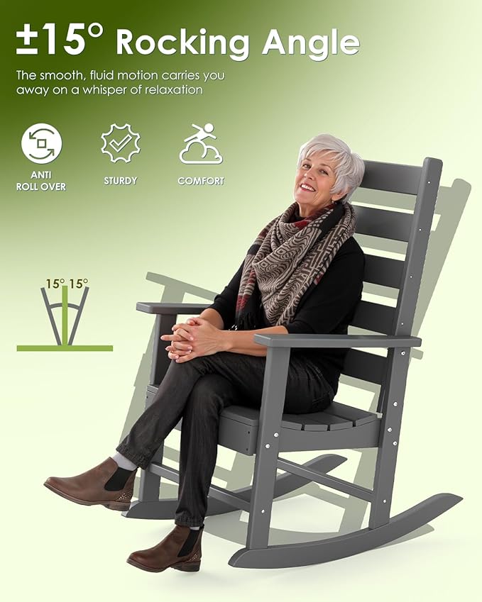 GREENVINES Outdoor-Rocking-Chairs-Set-of-2 | HDPE Plastic | Patio Rockers | Porch Rocker Chair | Shaker | Oversized | High Ladder Back | Big &amp Tall | PentaLuxe | Grey