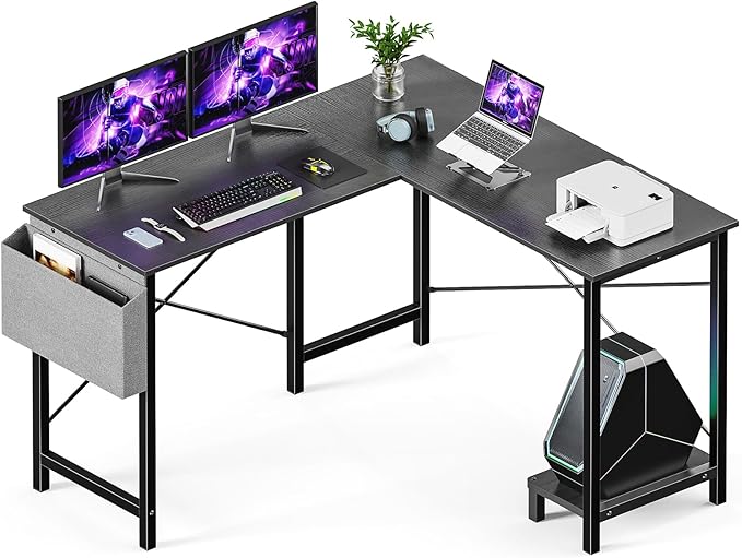 YSSOA L Shaped Desk Gaming Computer 50 Inch Reversible Corner Table PC Work Table for Writing Study Student with Wood Tabletop Metal Frame CPU Stand Side Bag for Home Office Small Place