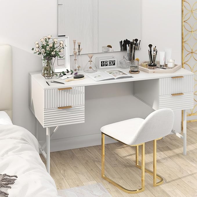 Giantex Modern Desk with 4 Drawers 48 Inch Computer Desk with Storage Heavy-Duty Gold Metal Frame Makeup Vanity Dressing Table White and Gold Desk for Bedroom Study Home Office