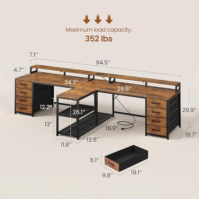 SEDETA 94.5 2 Person Gaming Desk Long Office Computer Desk with 8 Drawers &amp LED Lights Two Person Desk with Storage Power Strip &amp Monitor Stand for Home Office Rustic Brown