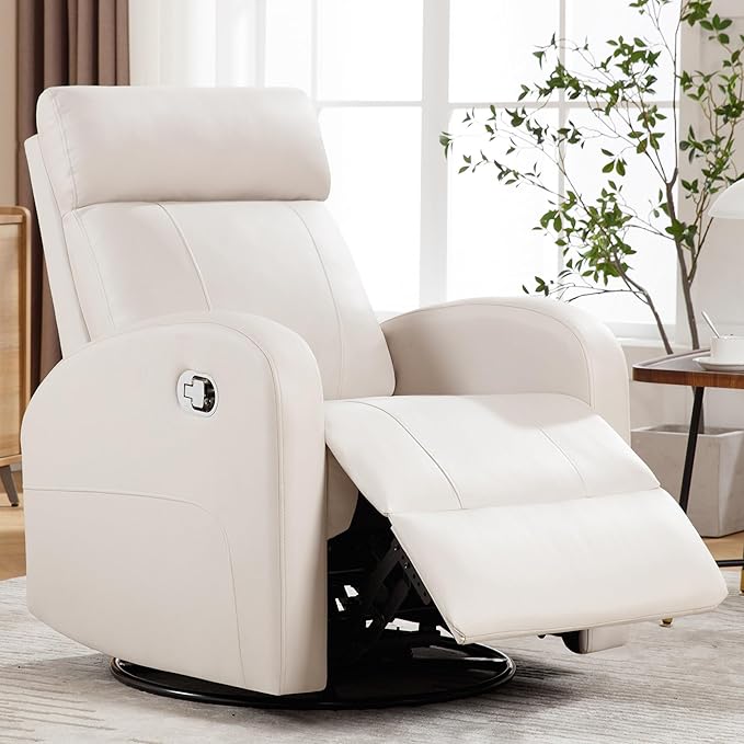 Swivel Rocker Recliner Chair Manual Faux Leather Recliner Glider Rocking Recliners 360°Swivel Nursery Reclining Chairs with Adjustable Headrest Highback for Living Room Cream