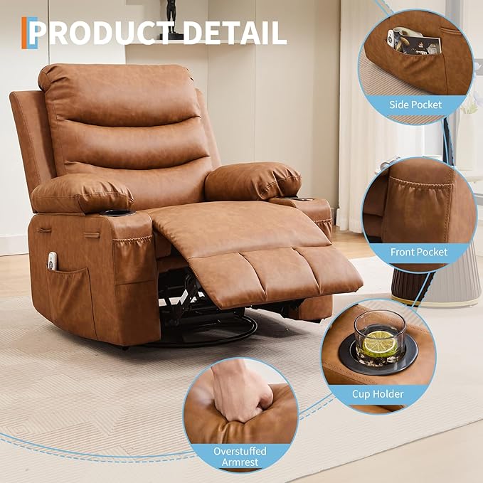 Oversized Swivel Rocker Recliner Chair with Massage &amp Heat 360° Glider with Cup Holders &amp Side Pockets Ergonomic Lounge Sofa for Adults Supports 400 Lbs Perfect for Living Room RV Nurser