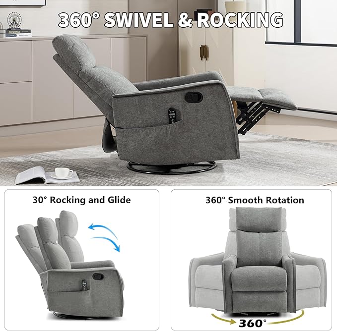 Swivel Rocker Recliner Chair 360° Swivel Recliner with Heat and Massage Rocker Recliner Easy to Clean Nursery Glider Recliner Chair with Side Pockets for Living Room Light Grey