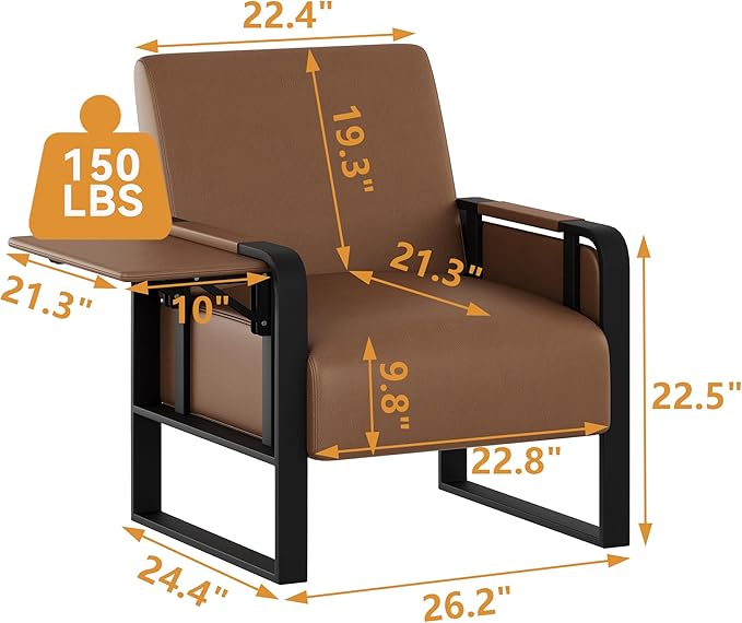 Aklaus Multifunctional Iron Frame Accent Chair with Foldable Side Table Reading Papasan Armchair with Extra Soft Cushion Oversized Chair for Living Room Office Bedroom Study (Brown Pack of 1)