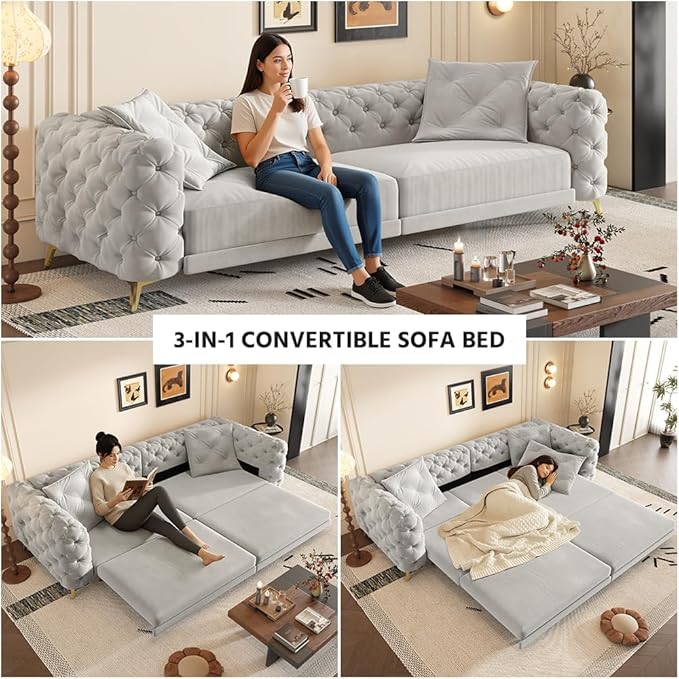 97.7'' Velvet Pull Out Sofa Bed King with Ottoman 3-in-1 Convertible Sleeper Sofa Couch Modern Tufted Deep Seat Couch with Pillows Comfy Couches for Living Room Light Grey