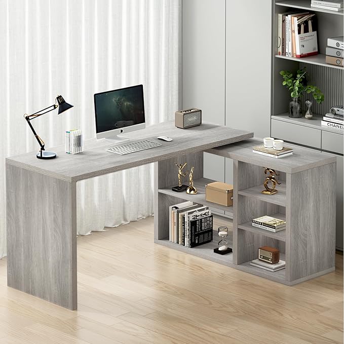 HSH Gray L Shaped Corner Desk with Storage Shelves Reversible L Shape Computer Desk with Storage Cabinet Adjustable Corner Home Office Desk for PC Executive Writing Study Work Light Grey 55 Inch