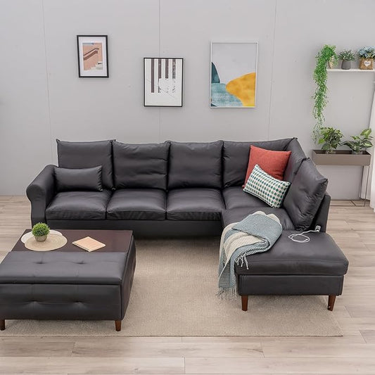 Panana 6 Seats Sectional Sofa Right Corner L Shaped Couch With USB Charging Port Chaise (Black Leathaire 6 Seater Right Corner With Chaise)