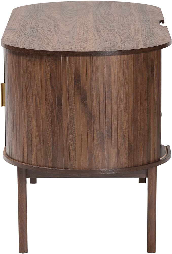 Baxton Studio Hayes Wood Writing Desk - Mid-Century Modern Oval Desk with Locking Drawer and Sliding Tambour Doors for Office or Home
