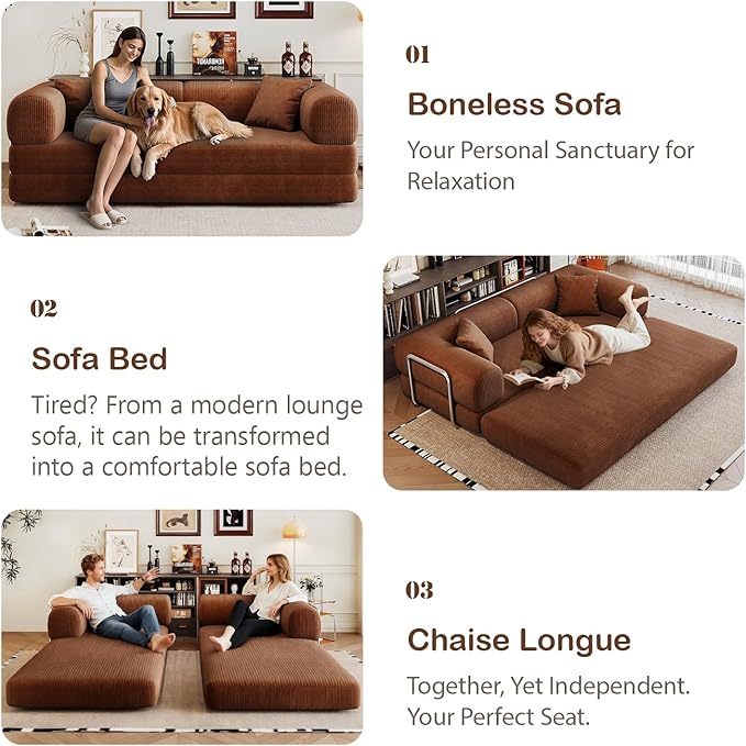 78.8 Modern Convertible Floor Sleeper Sofa Bed Corduroy Modular Boneless Couch with Silver Fixed-Shape Frame No Assembly Futon Cloud Loveseat with Pull-Out Bed for Living Room (Brown)