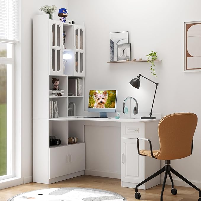 L-Shaped Corner Computer Desk with Bookshelf and Hutch Home Office Desk with Drawer Storage Cabinets Open Shelves and Drawer Work Desk for Bedroom Living Room Anti-Tip Device (White)