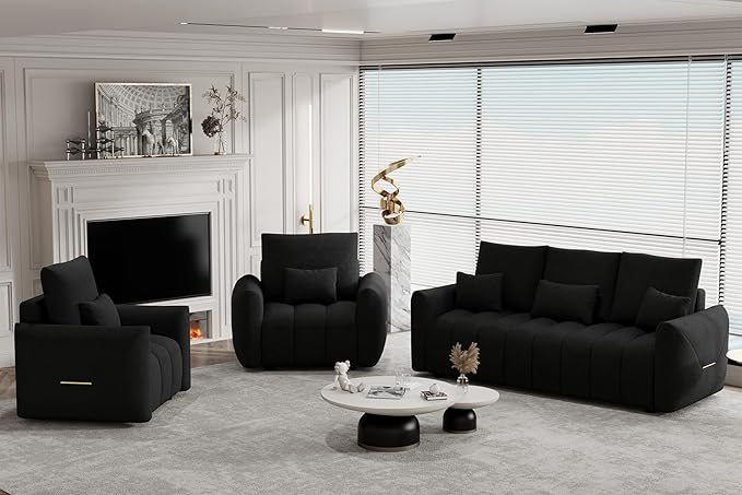 3 Piece Cloud Couch Sofa for Living Room Modern Sofa Chair and 3-Seater Teddy Sectional Couches with Pillows and Back Cushions Comfy Deep Seat Oversized Sofa for Bedroom Apartment Black