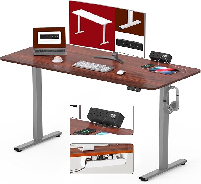SANODESK Electric Standing Desk with Desk Clamp Power Strip 55x 28 Whole-Piece Desktop Height Adjustable Stand Up Desk with Cable Management Sit Stand Home Office Desk Silver Frame/Mahogany Top