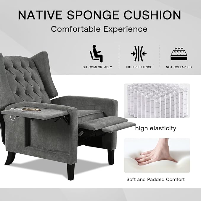 Manual Recliner Chair with Foldable Side Table USB Charger Wingback Tufted Wall Hugger Recliners for Small Spaces Living Room Bedroom Lazy Boy Style Recliner