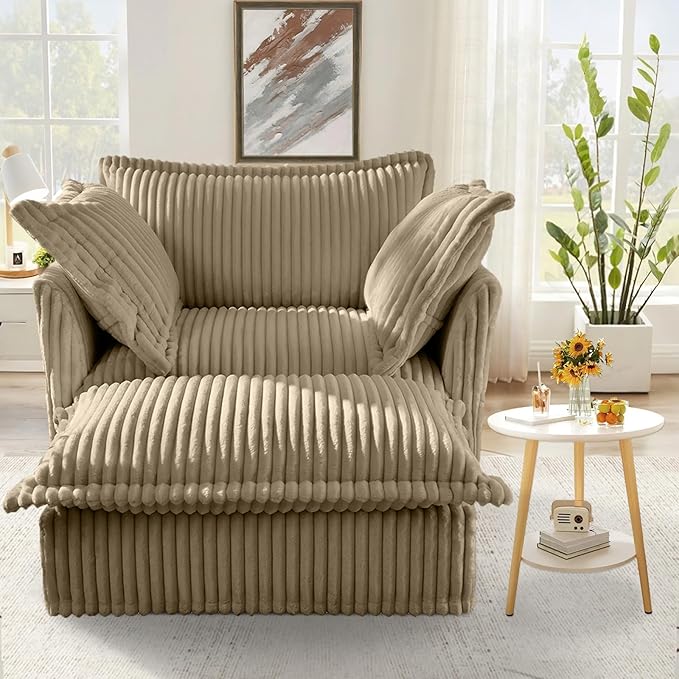 49''W Corduroy Chaise Lounge Chair Indoor Oversized Upholstered Sleeper Sofa with Movable Ottoman and 2 Pillows Removable Sofa Cover for Living Room Home Theater Apartment(Camel)