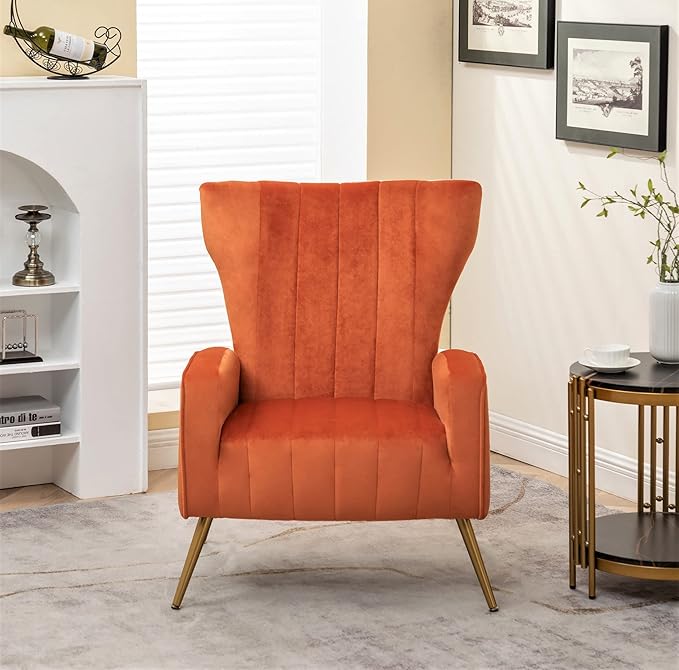 Modern Velvet Accent Chair Channel Tufted Bedroom Office or Living Room Furniture with Elegant Metal Legs 26 Wide Armchair Orange Red