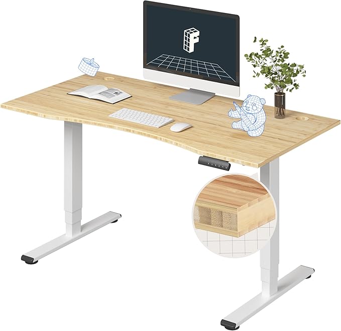 FlexiSpot E6 Bamboo 3-Stage Dual Motor Electric Standing Desk 55 x 28 Sit Stand Up Desk Holds 220 lbs Adjustable Height w/ Memory Presets Solid Bamboo Curved Desktop &amp White Frame Ships in 2 B