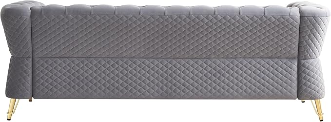 KEIKI 87 Chesterfield Velvet Button Tufted Sofa with High Density Foam Cushions Modern Style 3-Seater Couch with Gold Strip Trim Decoration Easy Assembly for Apartment Living Room Office Grey