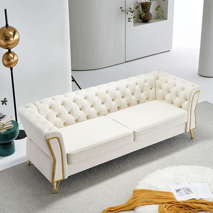 Modern Velvet Sofa Couch for Living Room 87.4 Inch Long Tufted Unique Upholstered Couch Oversized Sofa Decor Furniture with Golden Metal Legs (Beige)