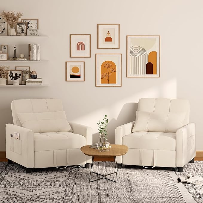 Aiho Convertible Sleeper Chair 3-in-1 Sofa Bed with Adjustable Design Pillow &amp Pocket - Pull Out Sleeper for Apartment(Beige)