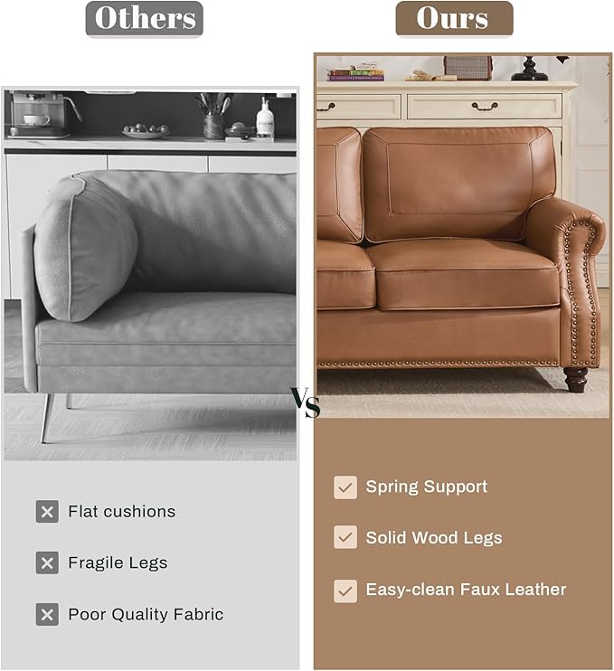 WILLOVE 79'' Faux Leather Sofa Classic 3 Seater Leather Couch with Rolled Arm and Nailhead Trim Mid-Century Modern Couch for Living Room Apartment Easy to Install Brown
