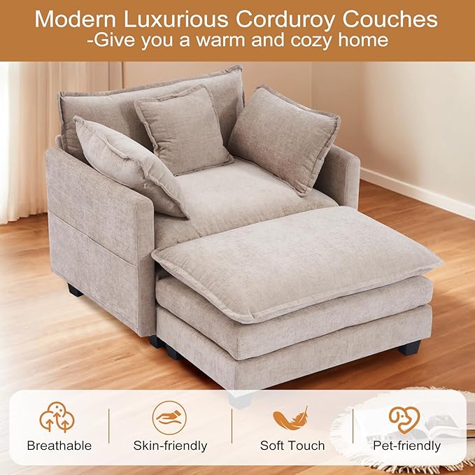 Furniliving Oversized Accent Chairs with Ottoman Luxury Chenille Single Sofa Upholstered Deep Seat Chaise Lounge with Pillows for Living Room Bedroom Apartment Camel