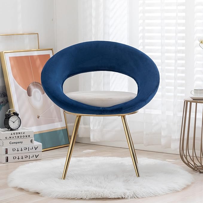 Navy Blue+Off-White Velvet Modern Accent/Conversation Lounge Chair with Gold Plated Legs Unique AppearanceSuitable for Office Lounge Living Room