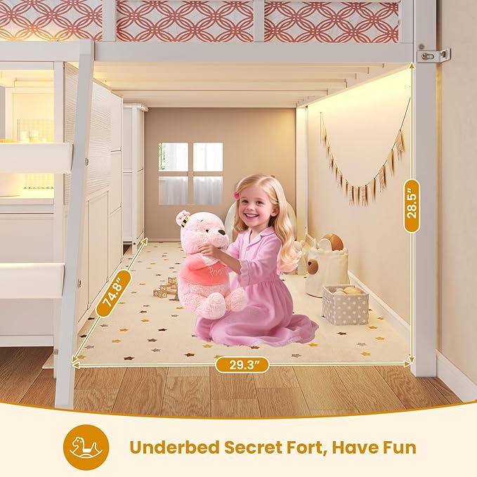 ADORNEVE Low Loft Bed Twin Size with 7 Storage Drawers Bookcase and LED Lights Metal Kids Loft Bed with 14 H Safety GuardrailInclined Ladder and Play Curtain Under-Bed Play Space White