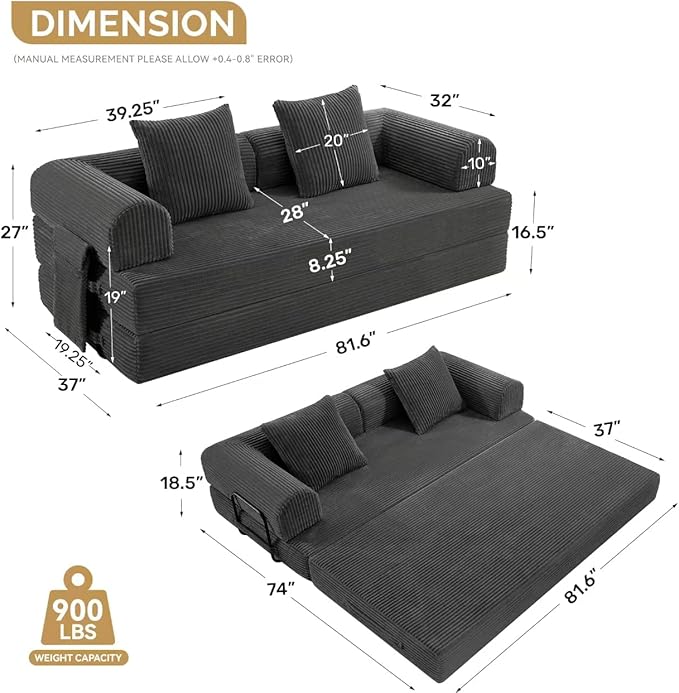Convertible Coarser Corduroy Sleeper Sofa Bed with Cylindrical Pillow Folding Mattress Couch with Fixed-Shape Frame Floor Sofa Lounge Couch for Living Room Bedroom Lounge Studio Dark Grey