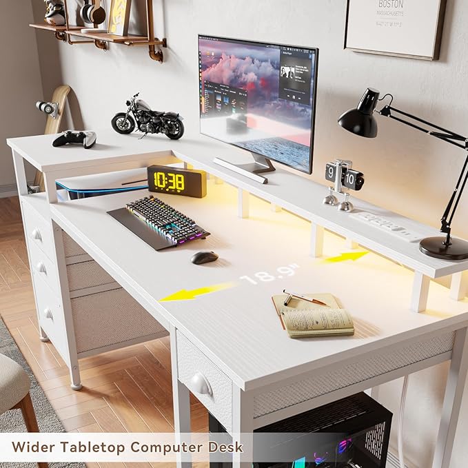 Furologee 60 White Office Computer Desk with 4 DrawersGaming Desk with LED Lights and Power OutletsLong Desk with Fabric File CabinetStudy Writing Work Table with Shelf for Bedroom Home Office
